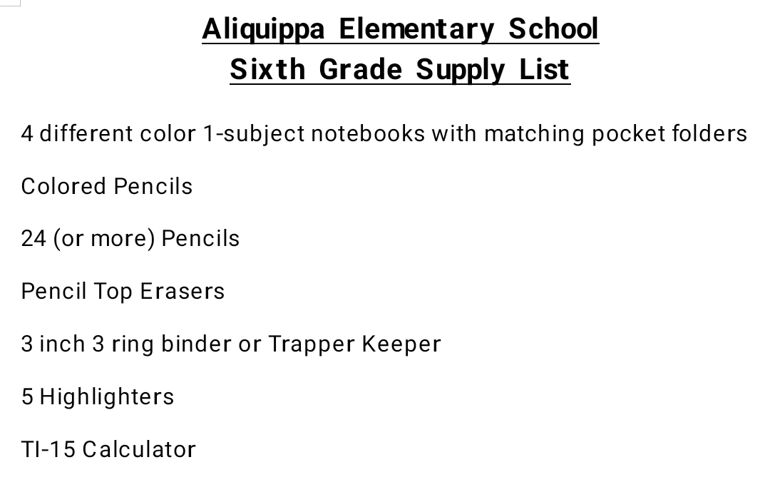 AES 6th Grade Supply List