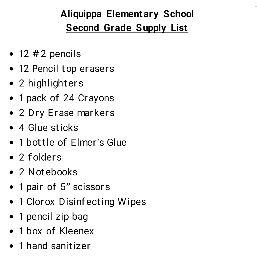 AES 2nd Grade Supply List