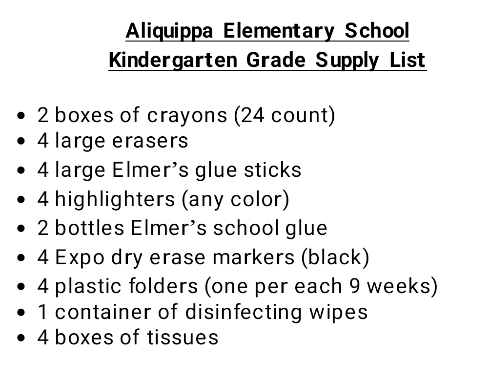 AES Kindergarten Supply List