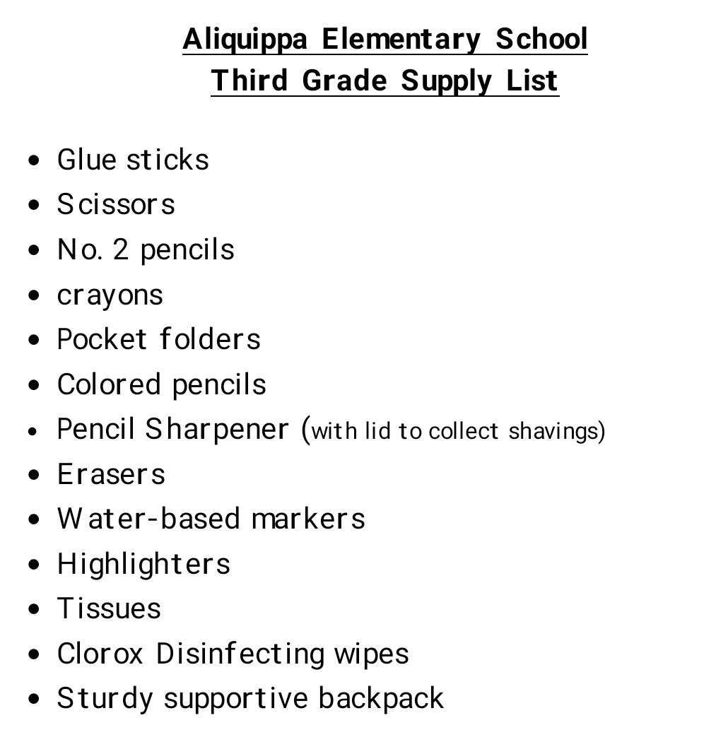 AES 3rd Grade Supply List
