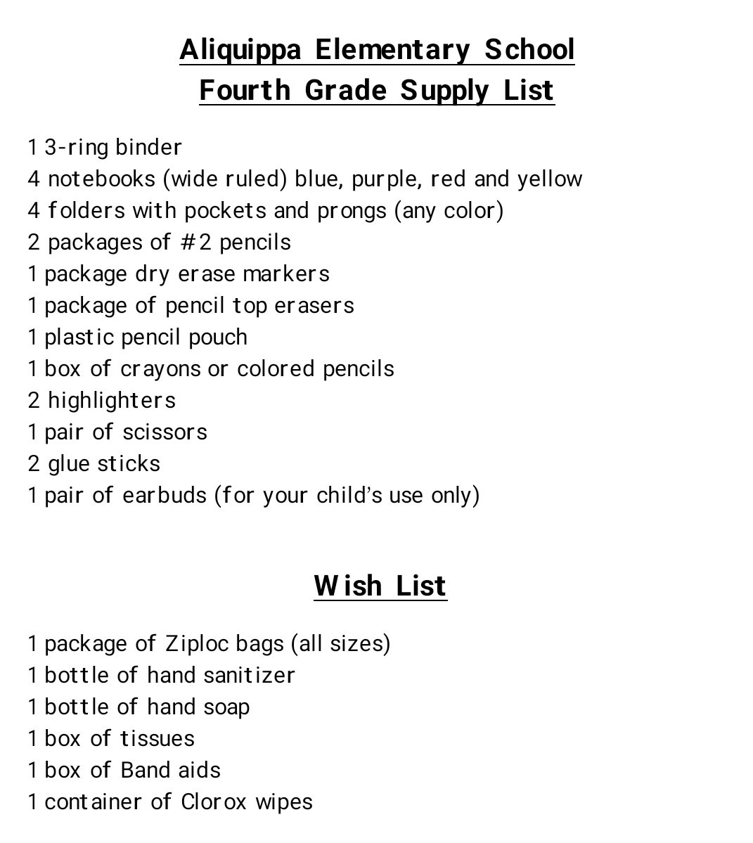 AES 4th Grade Supply List