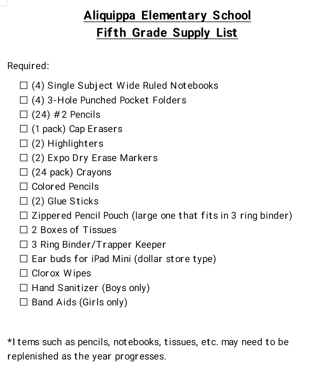 AES 5th Grade Supply List